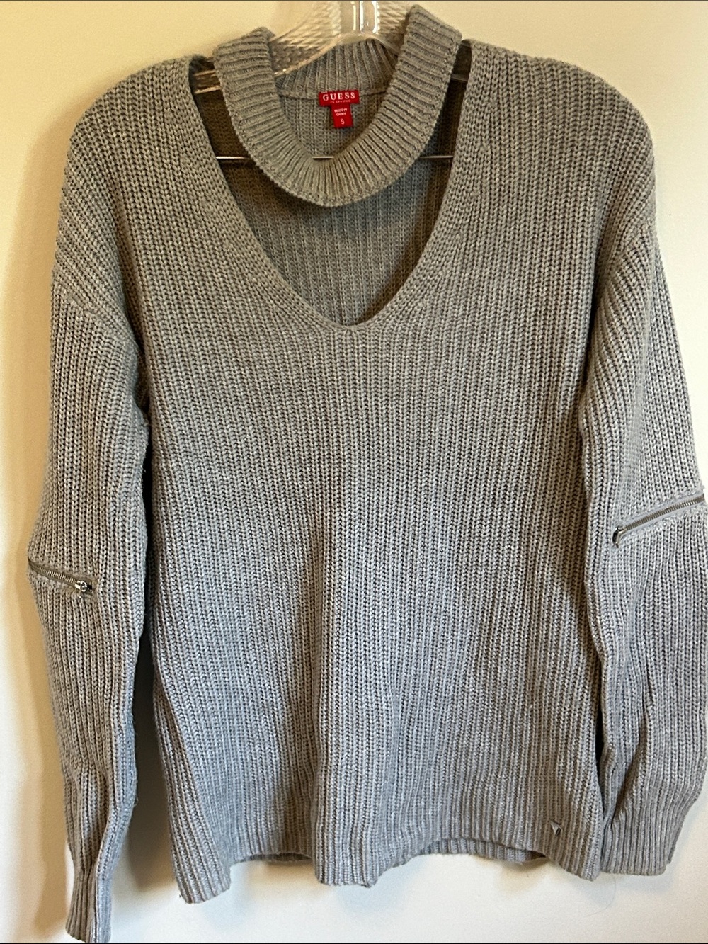 GUESS Gray Chunky V-Neck Sweater with Mock Collar